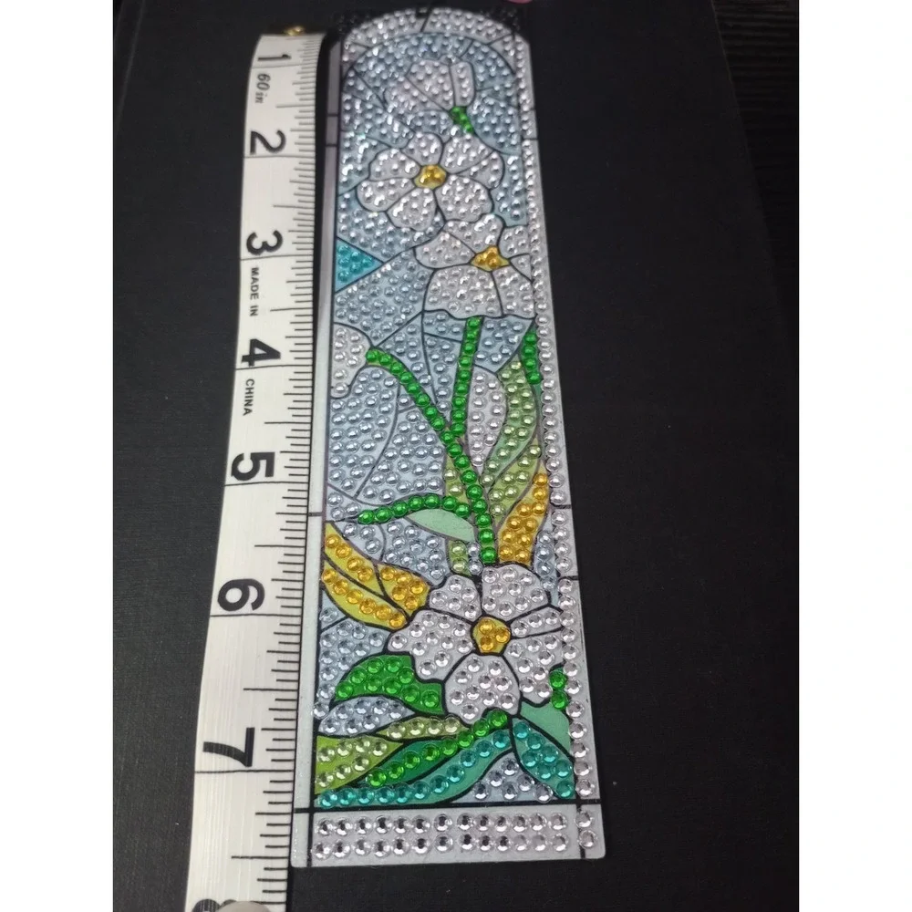 Handmade Diamond Art Bookmark White Floral Stained Glass Butterfly Charm 7.5